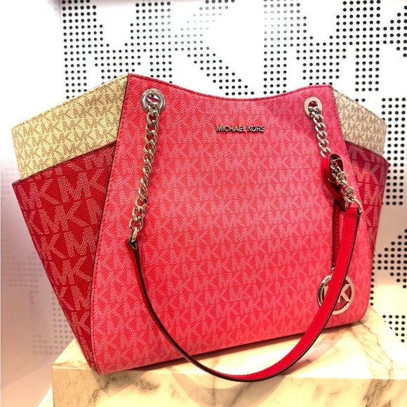 Michael Kors LG Jet Set Color-Block Signature Logo Shoulder Bag Dark Raspberry - Picture 4 of 11